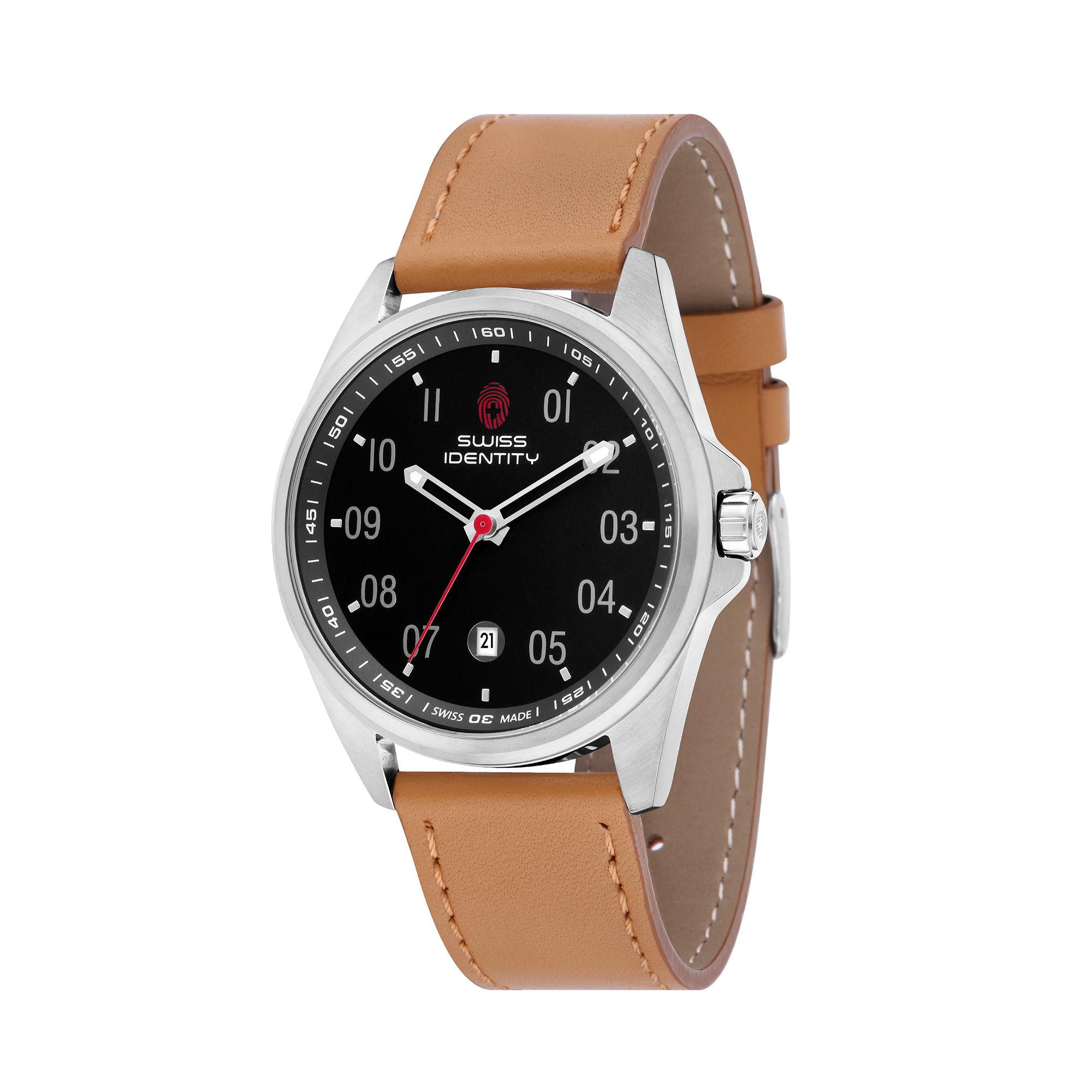 SIT Swiss Made Edition — black dial with light brown Italian leather strap